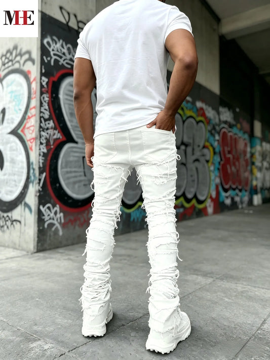 HME Men Stacked Ripped Flared Denim Jeans With Frayed Edge