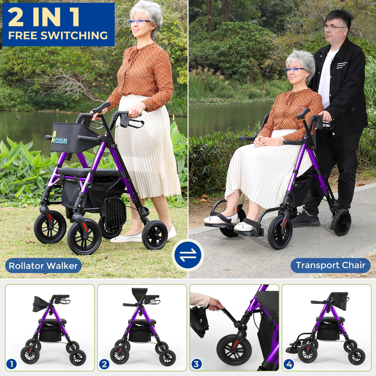 Lightweight 2 In 1 Adjustable Walker Wheelchair Combo With Brakes