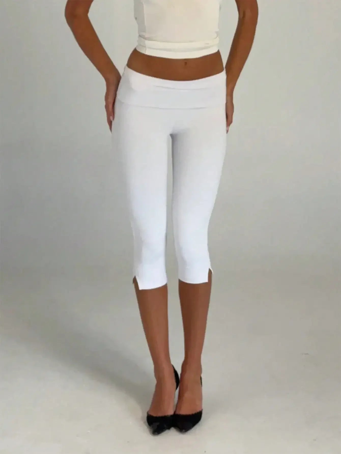 Women's Low Waist Capri Leggings Fold Over Slim Fit