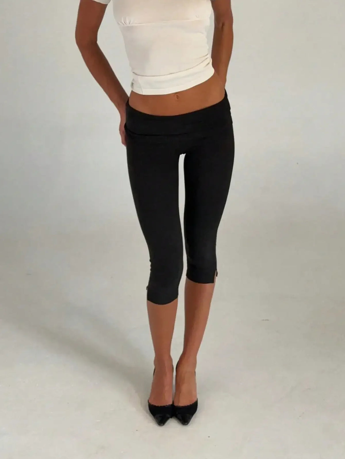 Women's Low Waist Capri Leggings Fold Over Slim Fit