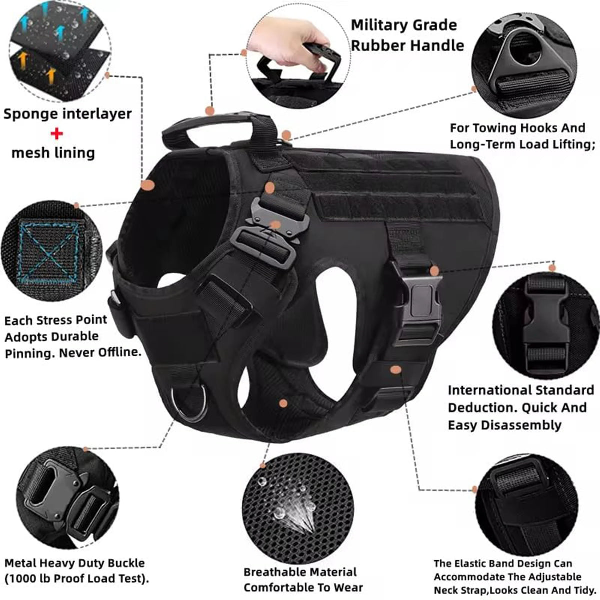 Tactical Padded Dog Harness With Molle Pouches And Quick Buckle
