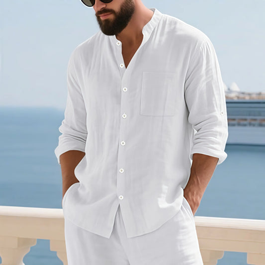 Men Linen Long Sleeve Mandarin Collar Button Down Casual Shirt