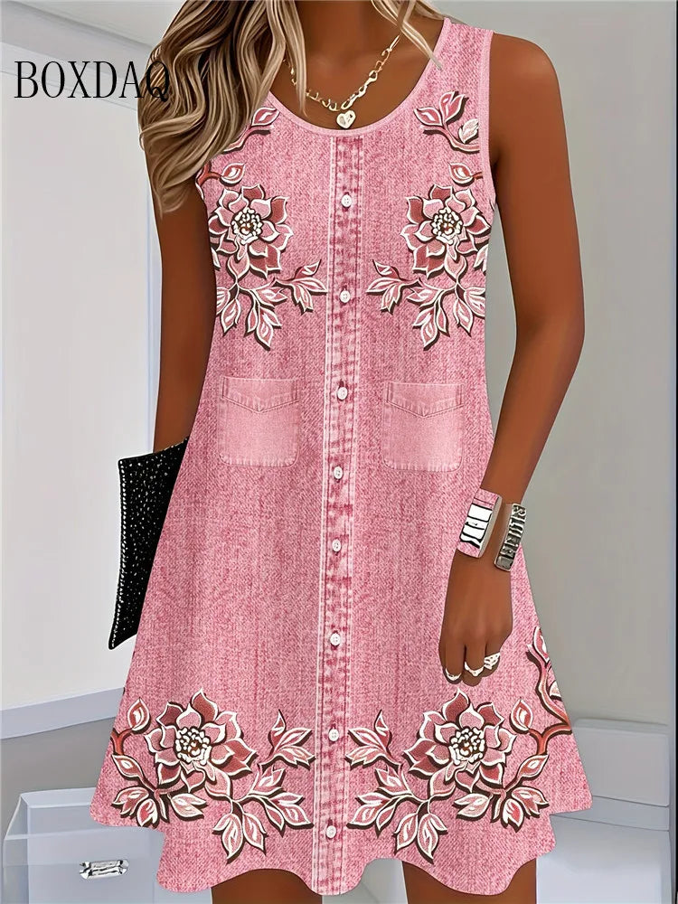 Boxdaq Women Summer Sleeveless Bohemian Floral Print Dress