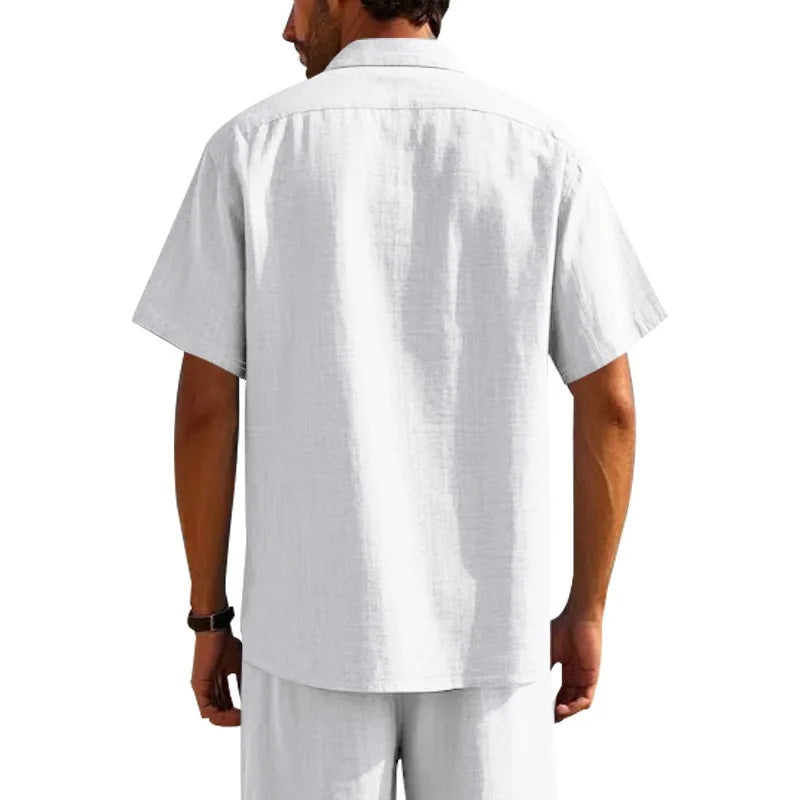 Men Slim Fit White Linen Short Sleeve Shirt With Collar