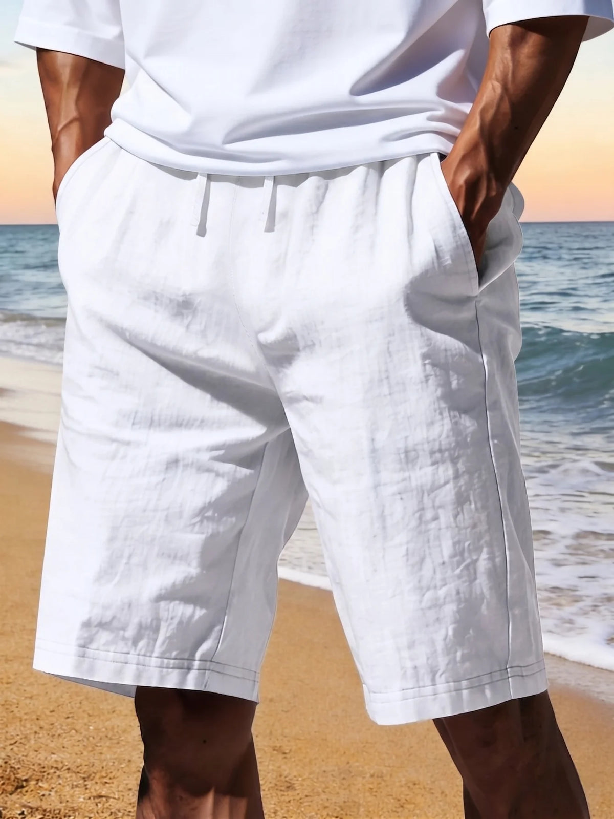 Men Linen Beach Shorts Casual Vacation Board Swim Trunks