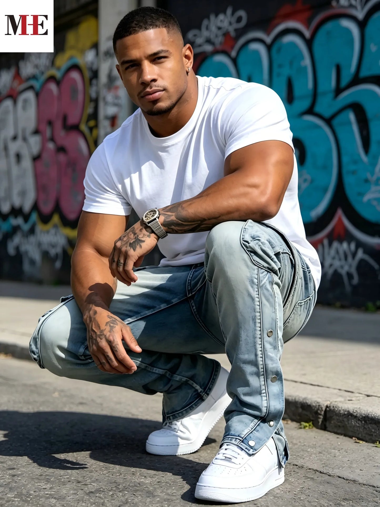 HME Men Flared Denim Jeans Featuring Rips And Zipper Hem