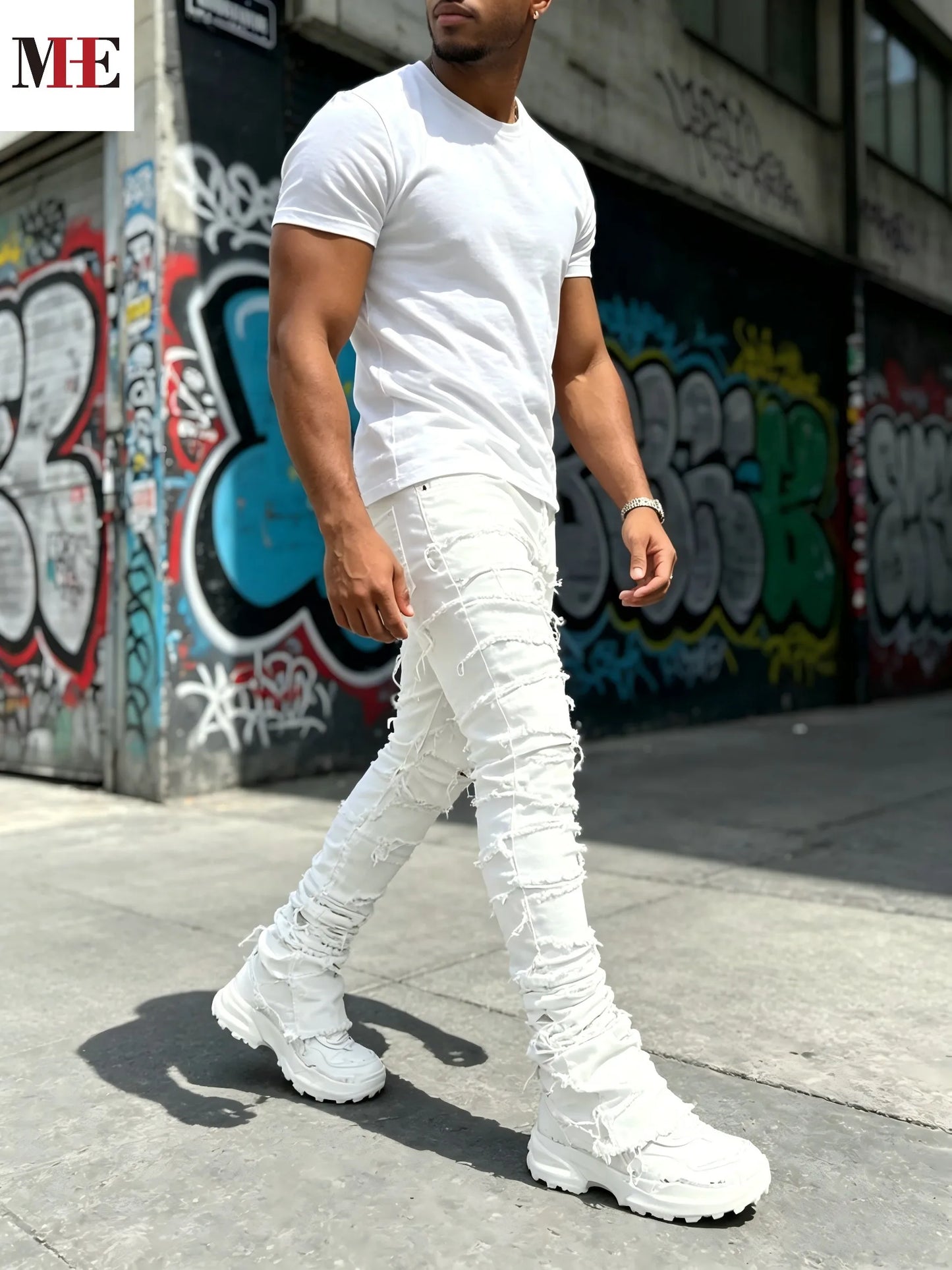 HME Men Stacked Ripped Flared Denim Jeans With Frayed Edge
