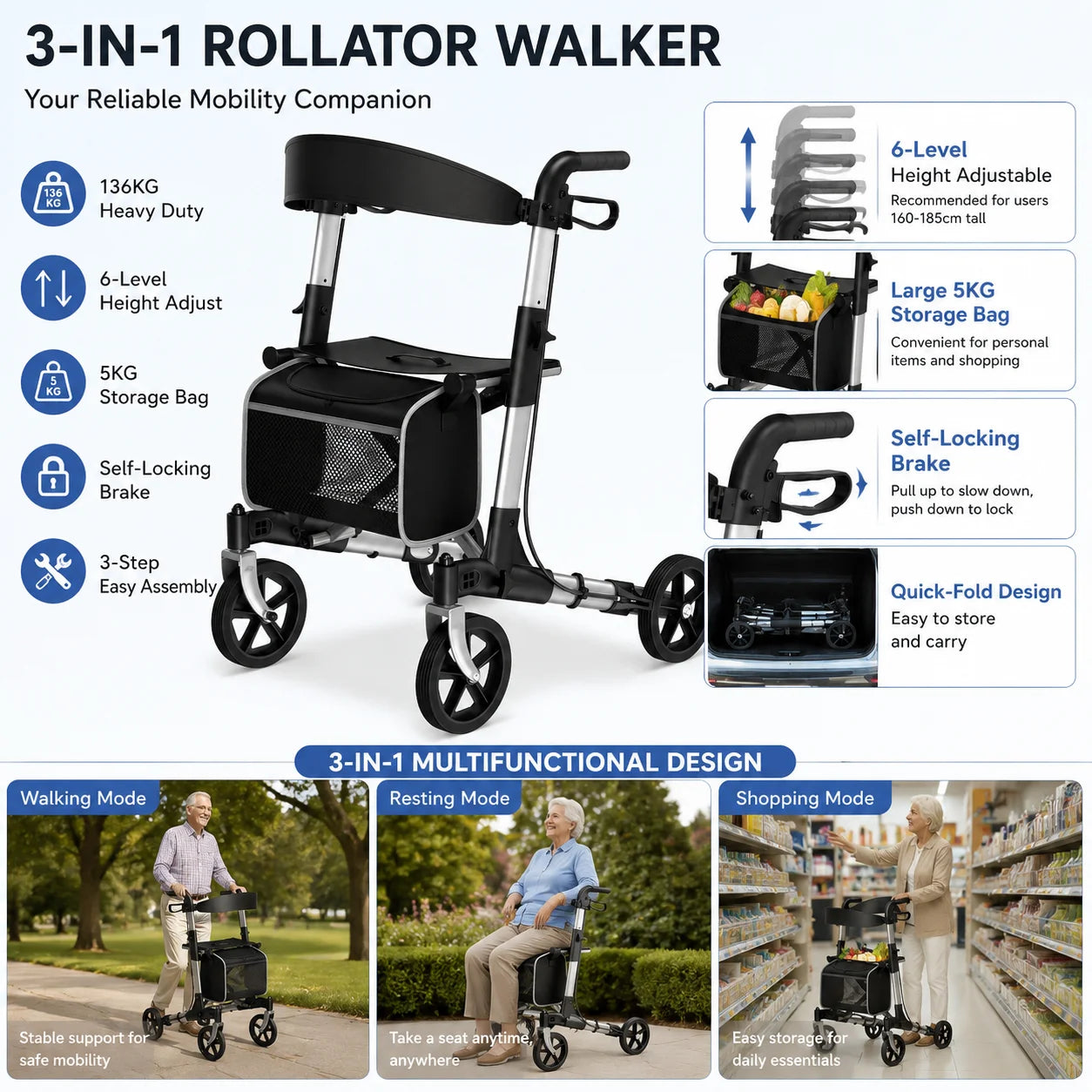 Maidesite Foldable Aluminum Rollator Walker With Seat