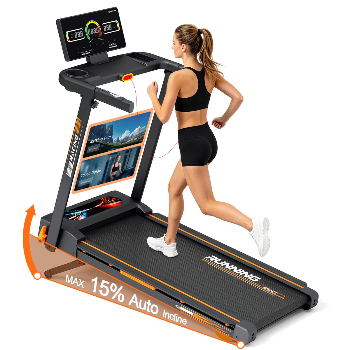 Folding Treadmill With Auto Incline Quiet Motor For Home Fitness