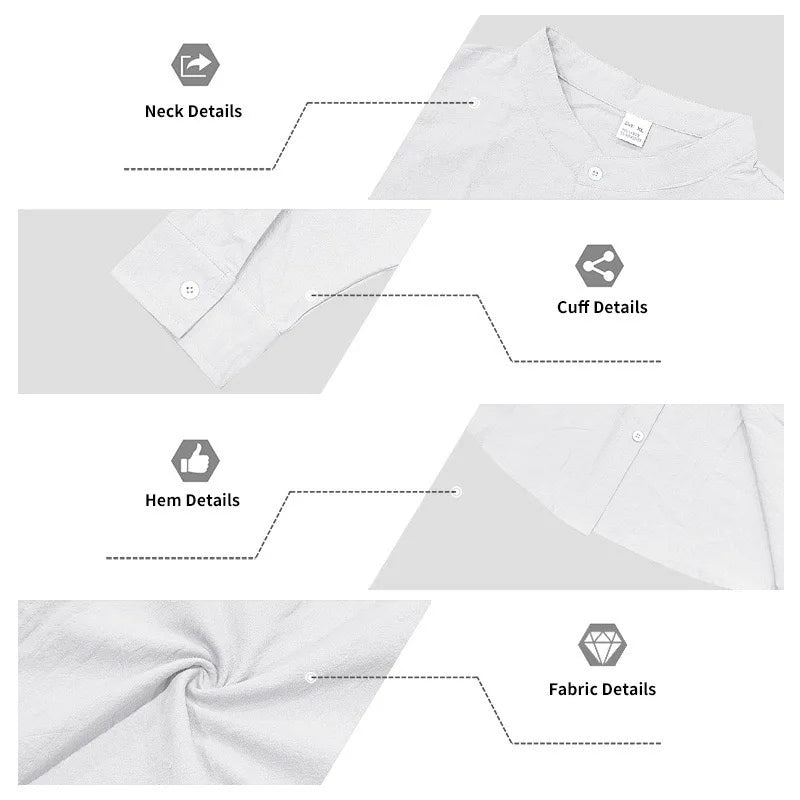 Men Linen Long Sleeve Mandarin Collar Button Down Casual Shirt