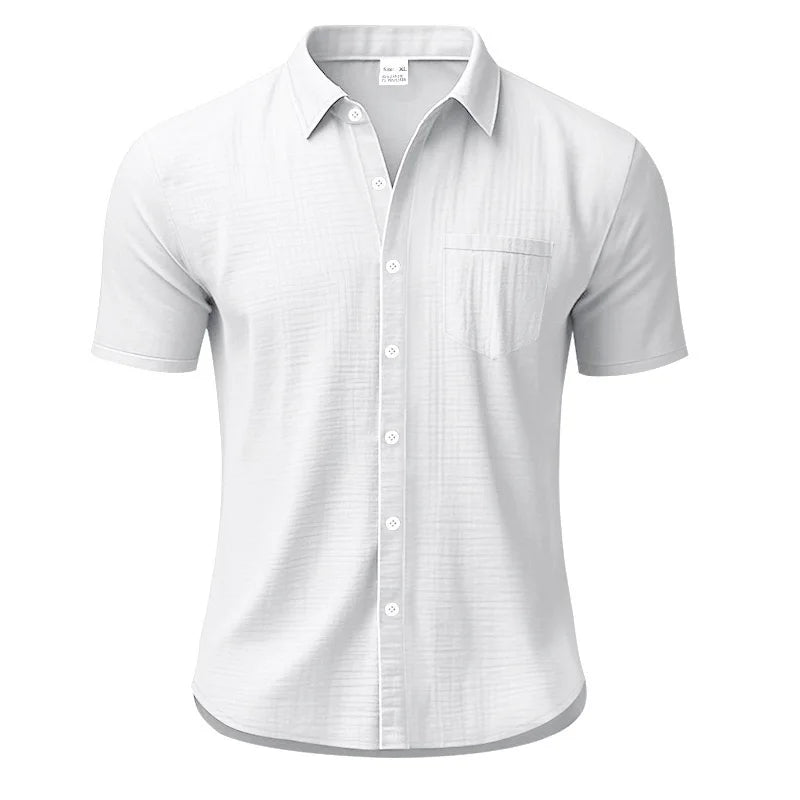 Men Slim Fit White Linen Short Sleeve Shirt With Collar