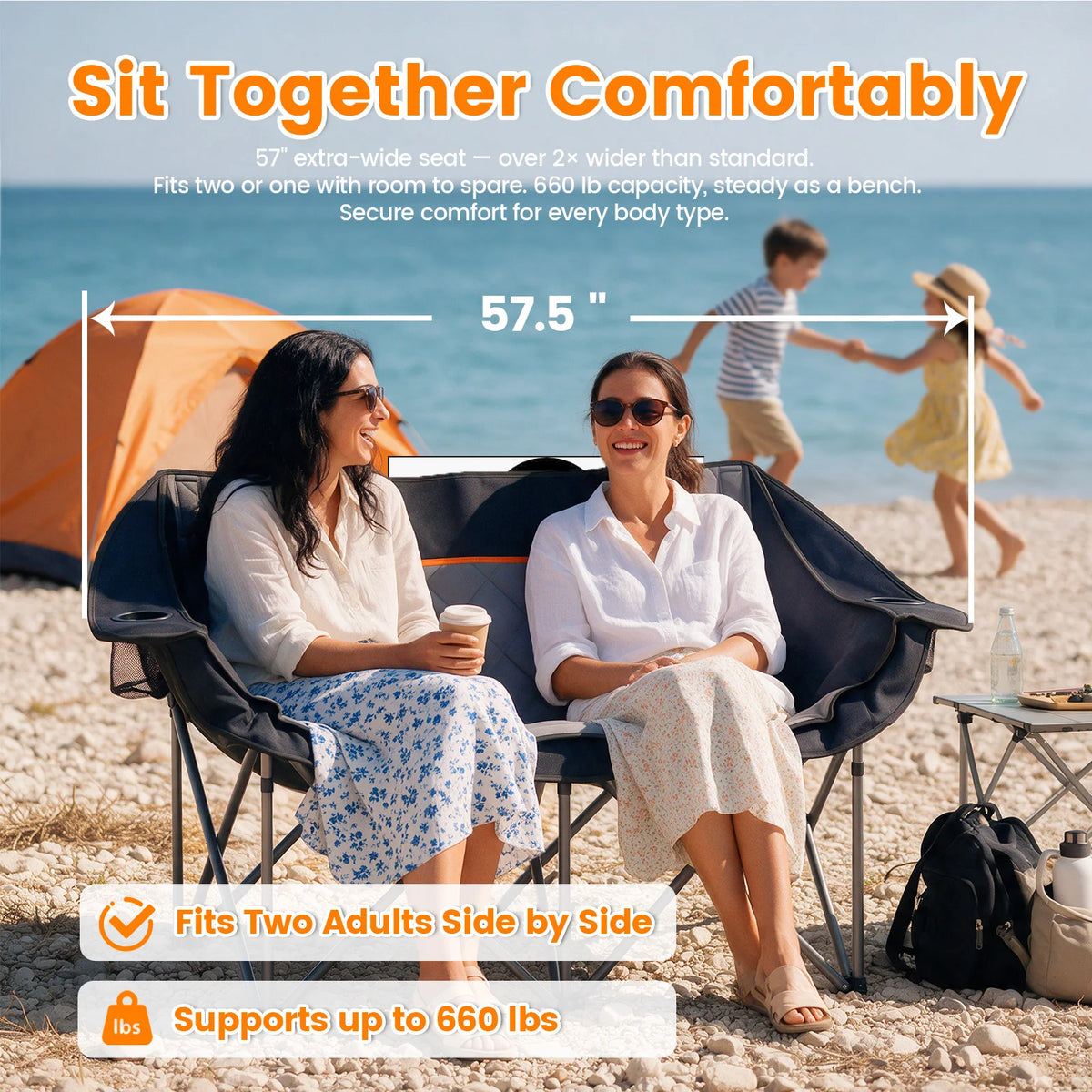 Double Folding Camping Chair for Two with Cup Holders and Storage