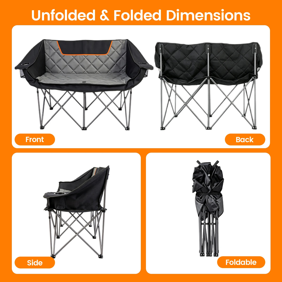 Double Folding Camping Chair for Two with Cup Holders and Storage