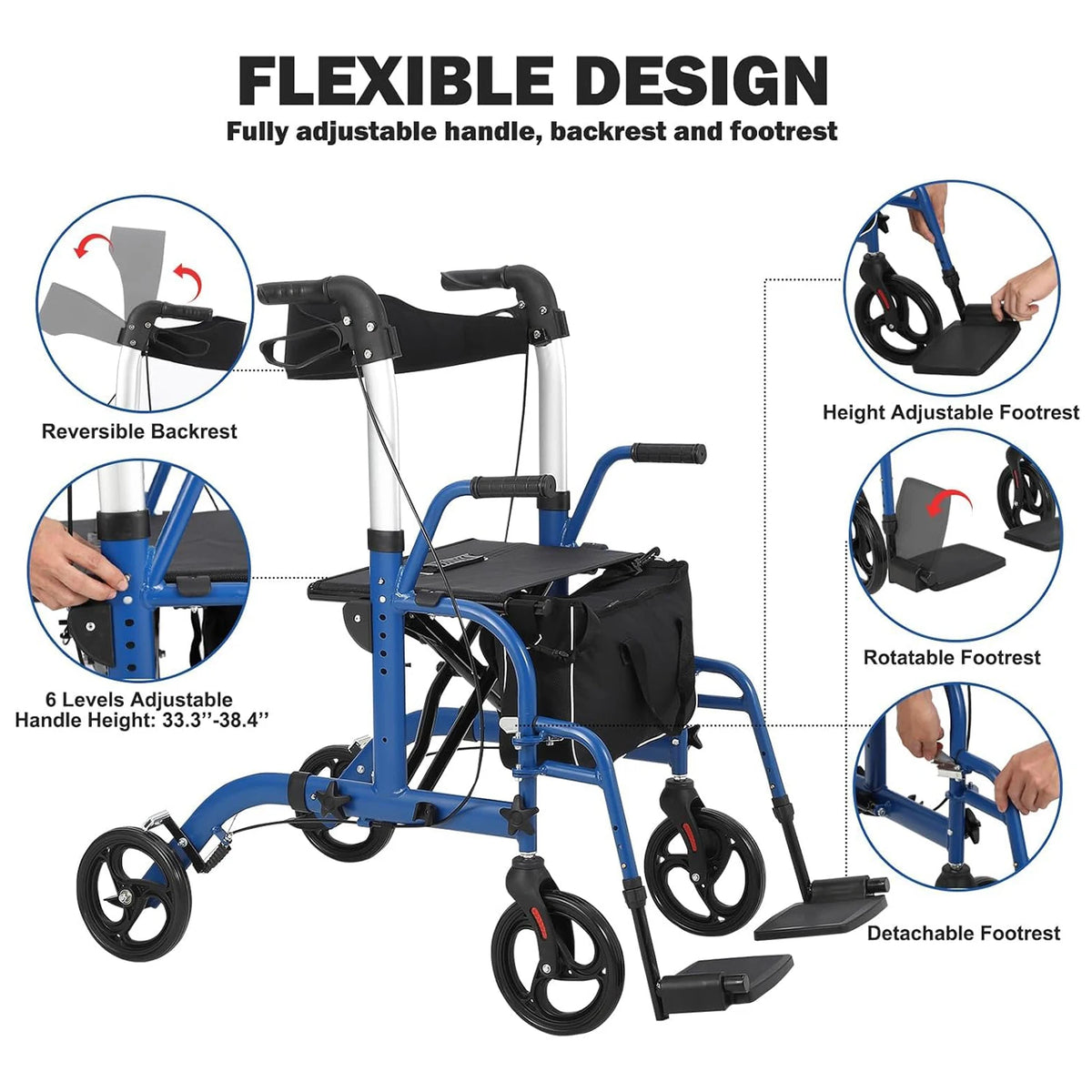 Foldable Aluminum Rollator Walker With Seat And Backrest For Seniors