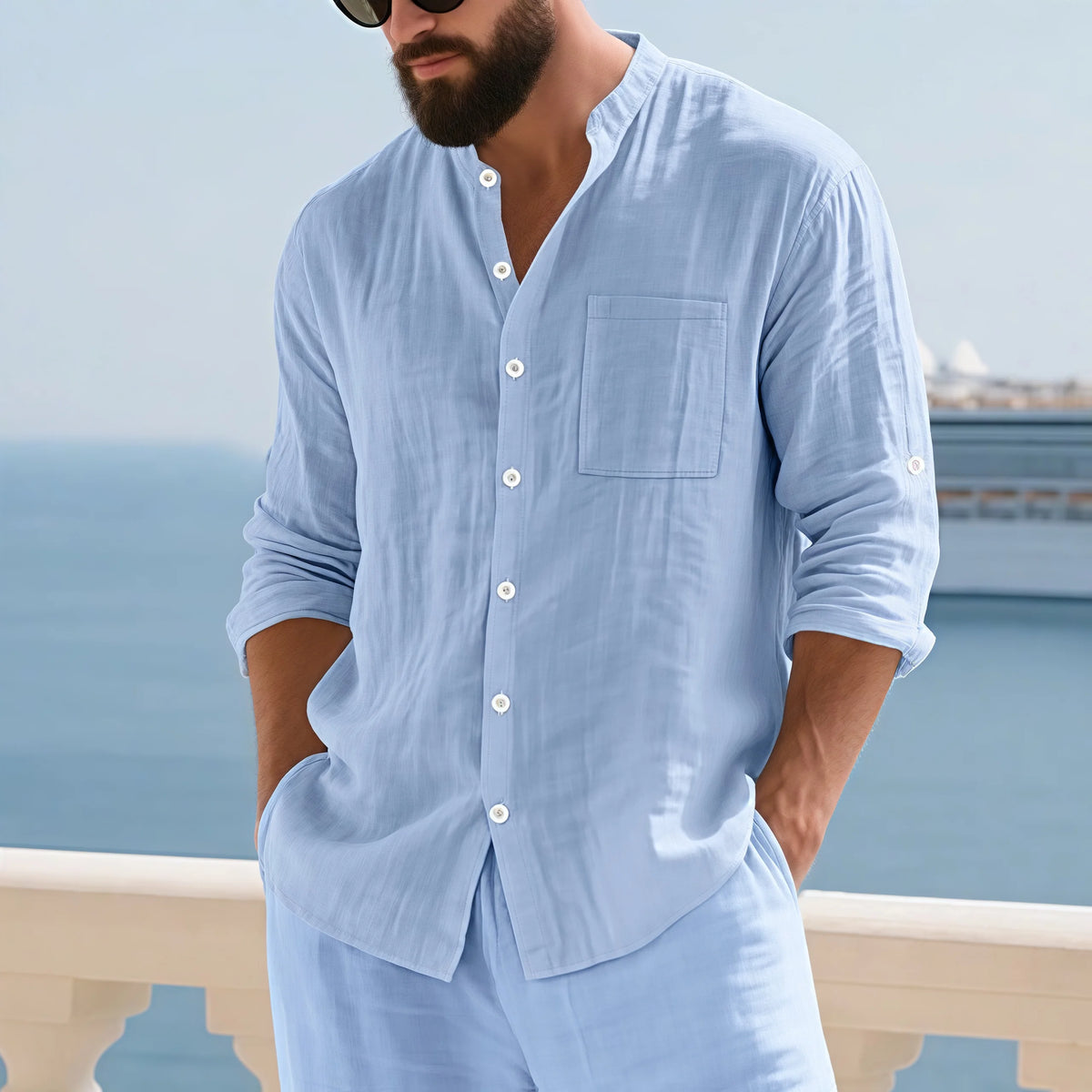 Men Linen Long Sleeve Mandarin Collar Button Down Casual Shirt