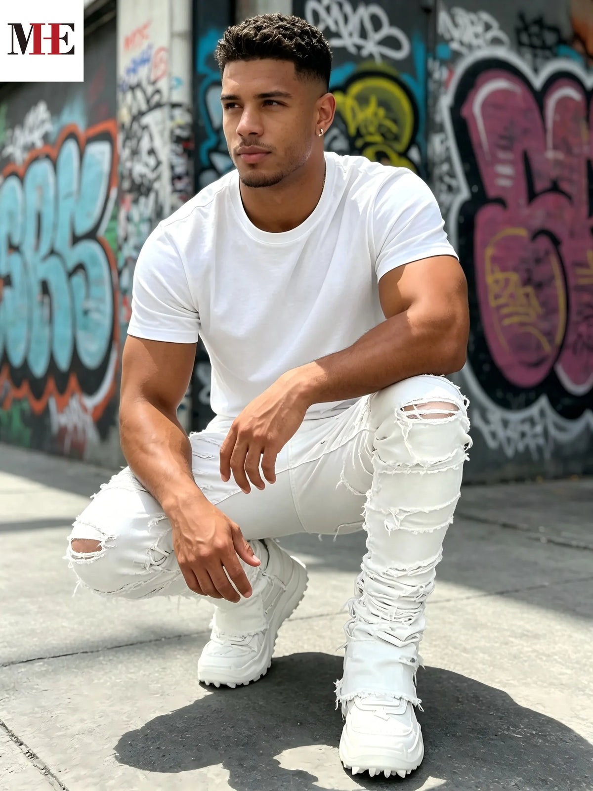 HME Men Stacked Ripped Flared Denim Jeans With Frayed Edge